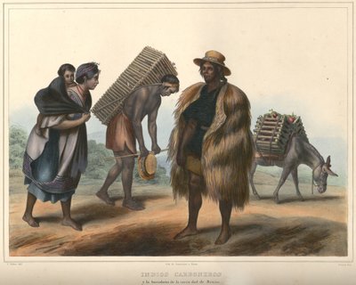 Indios Carboneros, Costume Group. Hand-Colored Lithograph Highlighted with Gum Arabic by Pierre Frédéric Lehnert